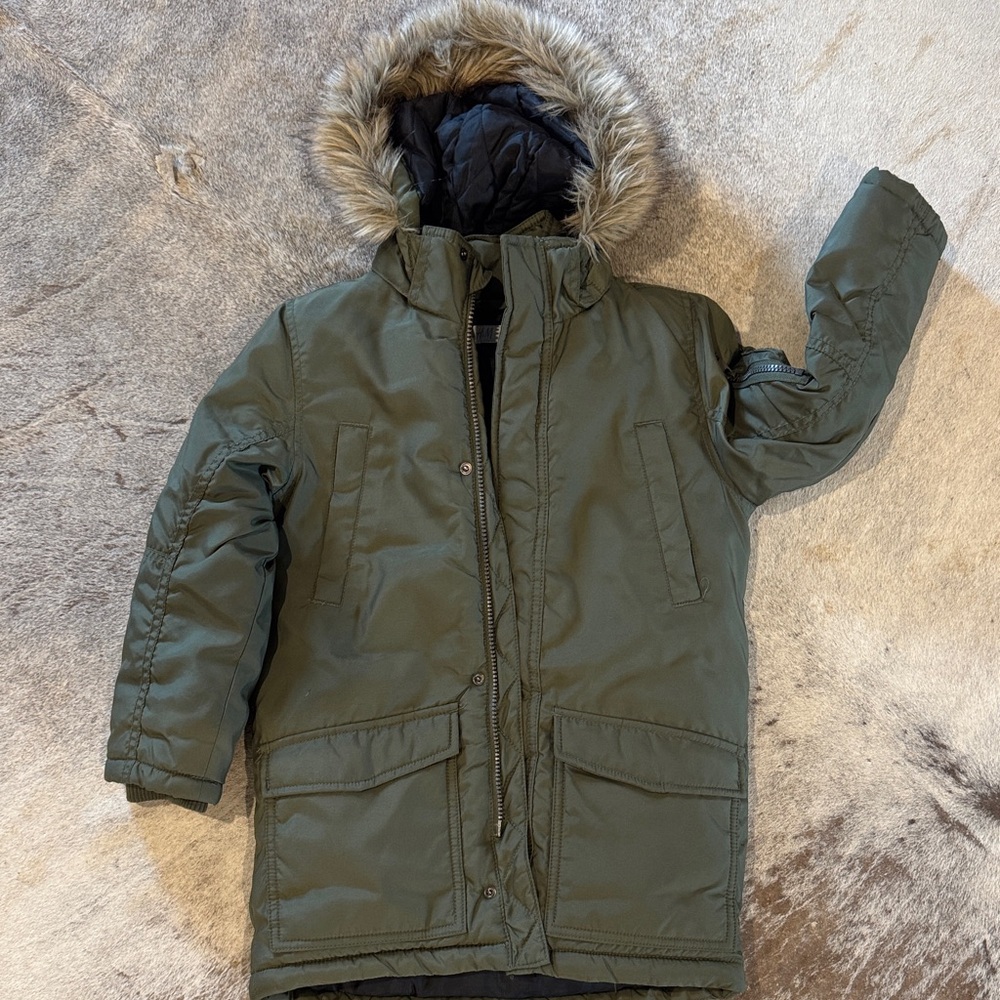 H&M Olive Green Puffer Jacket with Faux Fur Hood